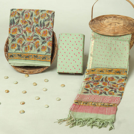 Hand Block Printed Kota Doria Cotton Suit Set with Zari Border Dupatta