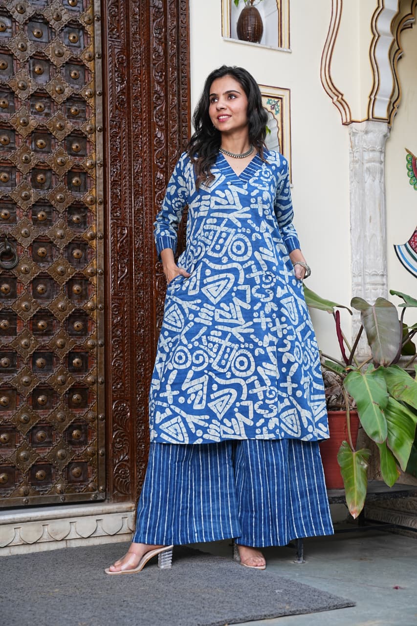 Traditional Bagru Print Cotton Kurti Palazzo Set