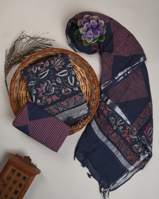 Purple  Blue Print Linen Cotton Suit Set