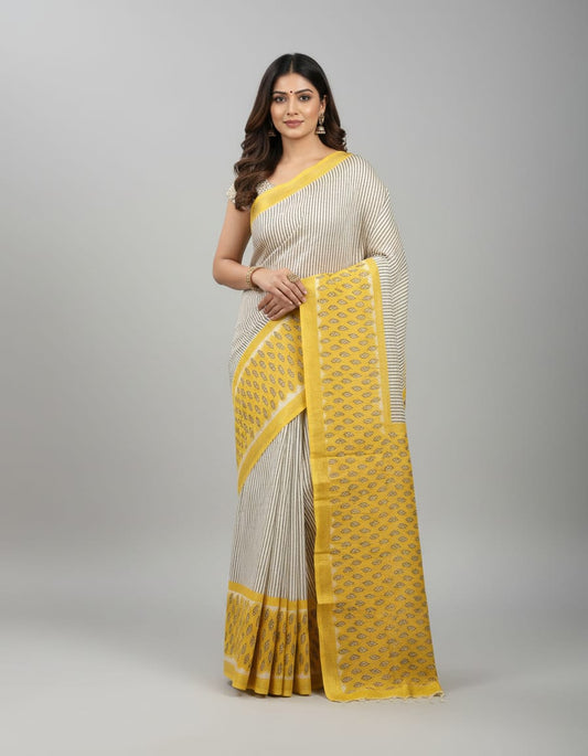 Charcoal Striped Floral Maheshwari Silk Saree