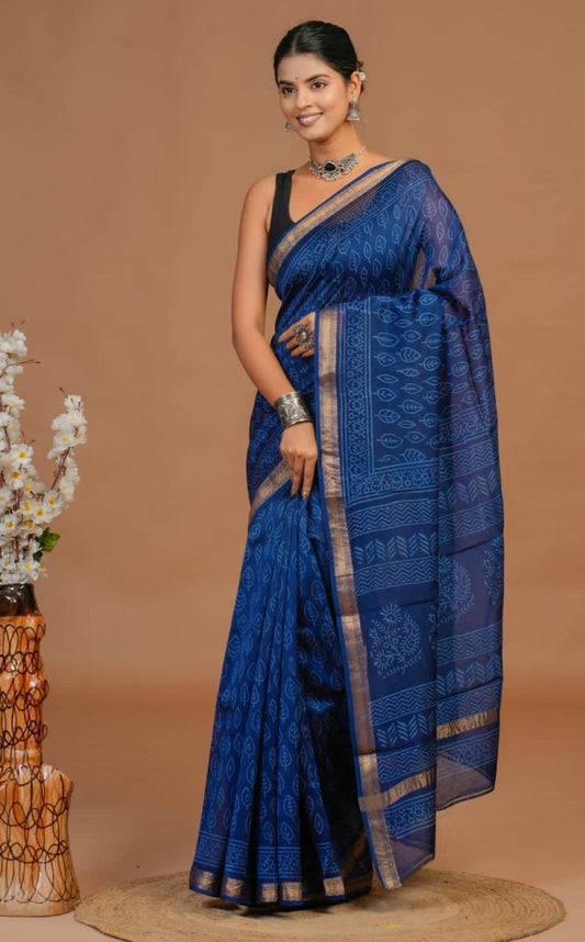 Golden Border Maheshwari Silk Saree in Deep Blue