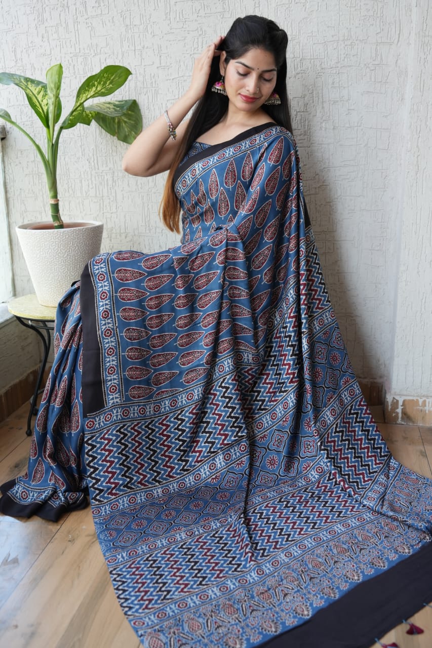 Ocean Blue Zigzag Leaf Modal Silk Saree with Floral Border