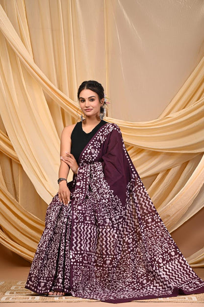 Premium Mul Cotton Hand Block Printed Saree With Blouse Piece