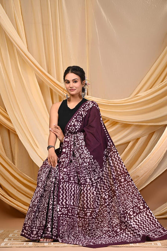 Premium Mul Cotton Hand Block Printed Saree With Blouse Piece