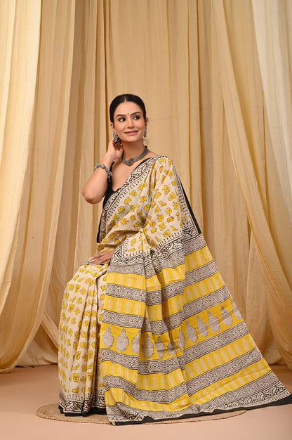 Premium Mul Cotton Hand Block Printed Saree With Blouse Piece