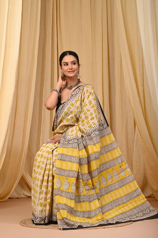 Premium Mul Cotton Hand Block Printed Saree With Blouse Piece