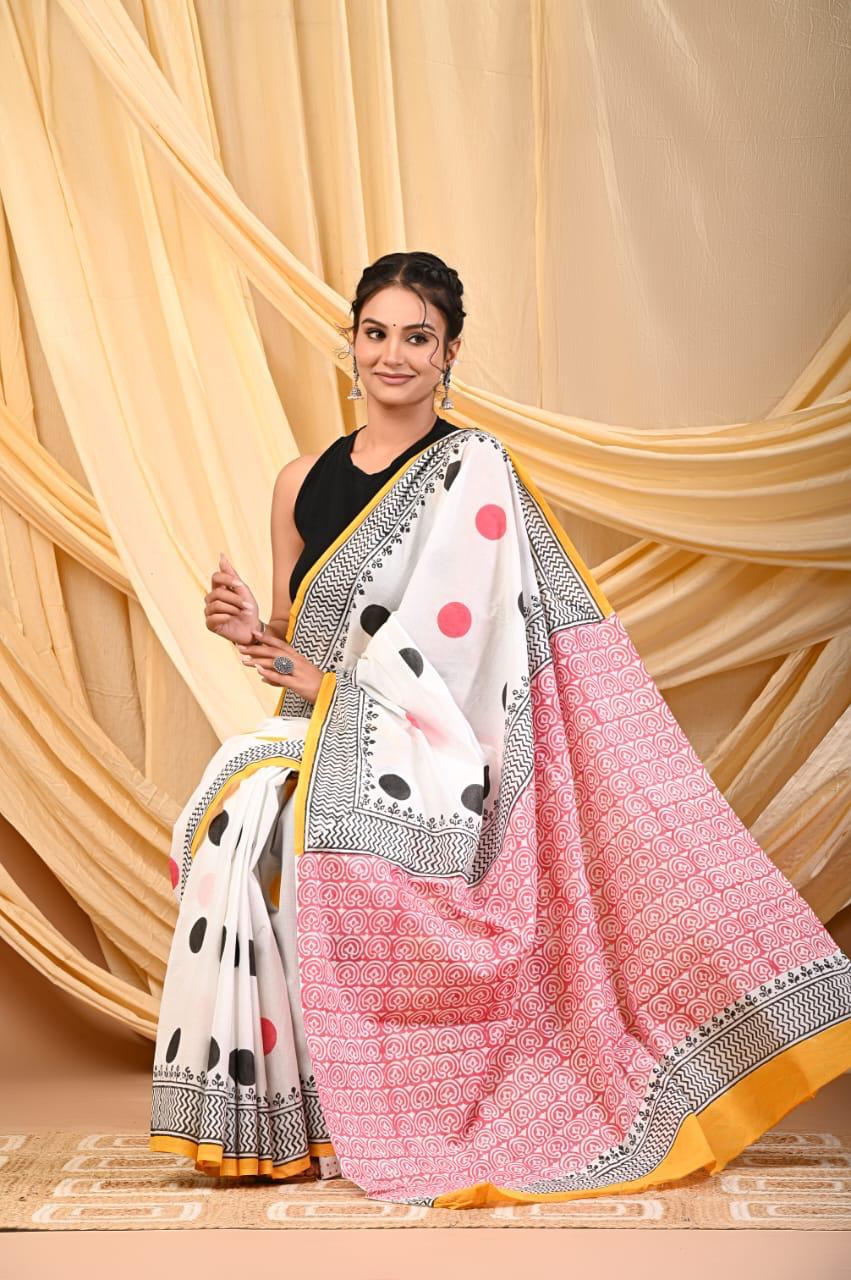 Premium Mul Cotton Hand Block Printed Saree With Blouse Piece