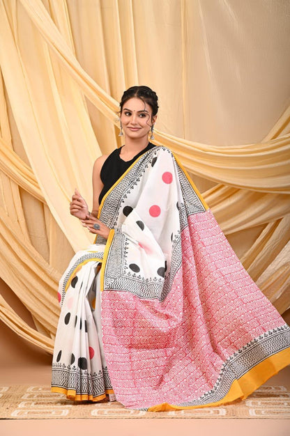 Premium Mul Cotton Hand Block Printed Saree With Blouse Piece