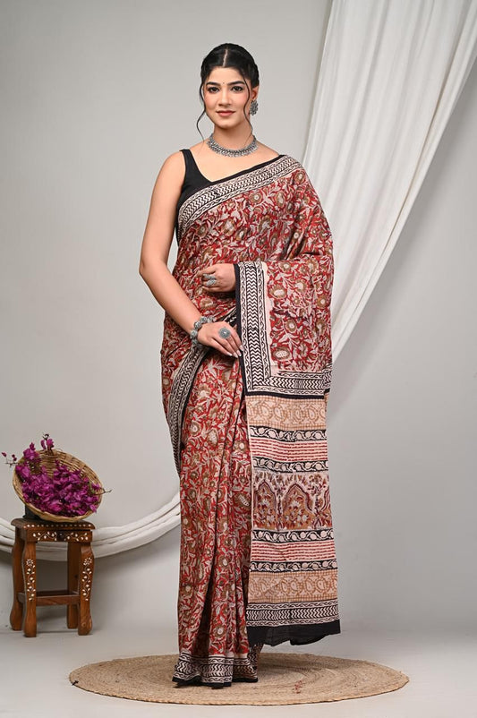 Premium Mul Cotton Hand Block Printed Saree With Blouse Piece