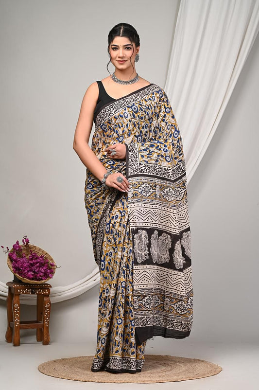Premium Mul Cotton Hand Block Printed Saree With Blouse Piece
