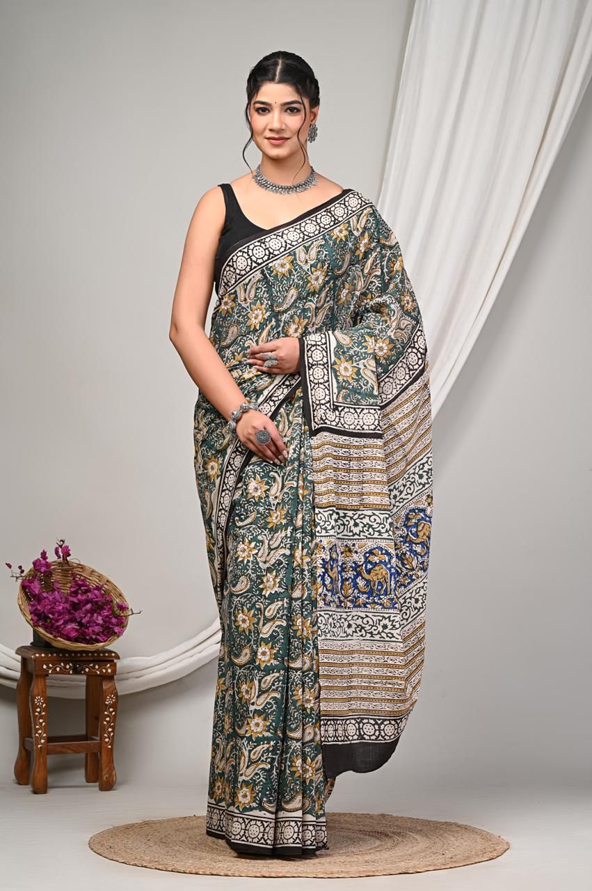Premium Mul Cotton Hand Block Printed Saree With Blouse Piece