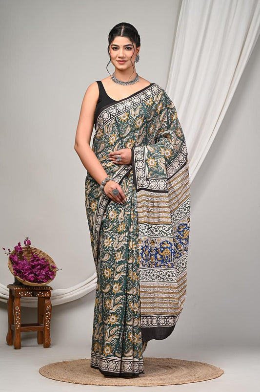 Premium Mul Cotton Hand Block Printed Saree With Blouse Piece