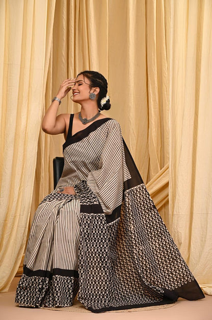 Premium Mul Cotton Hand Block Printed Saree With Blouse Piece