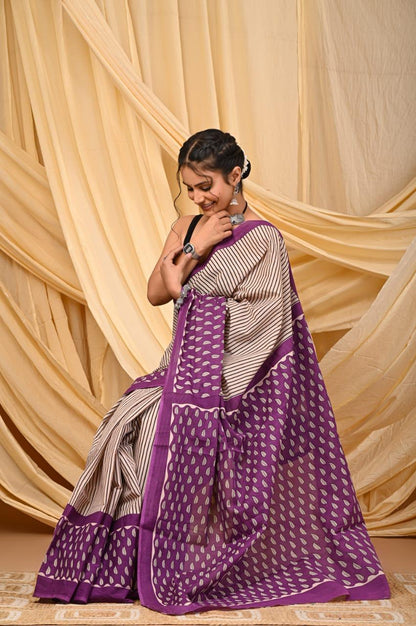 Premium Mul Cotton Hand Block Printed Saree With Blouse Piece