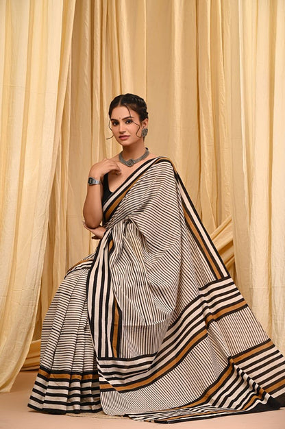 Premium Mul Cotton Hand Block Printed Saree With Blouse Piece