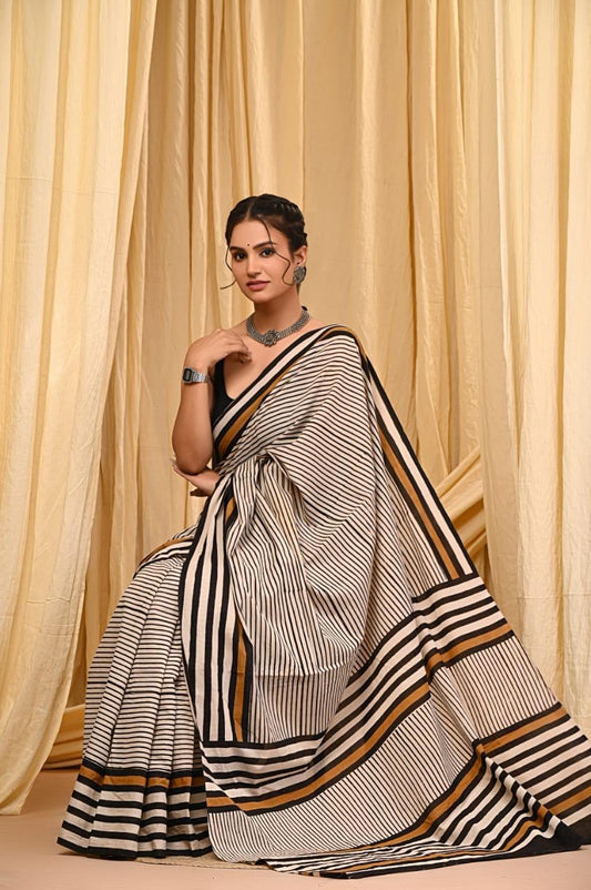 Premium Mul Cotton Hand Block Printed Saree With Blouse Piece