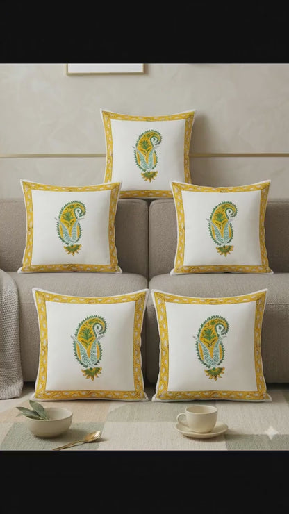 Yellow Paisley Block Print Traditional Indian Cushion Cover