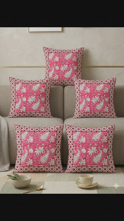 Handmade Pink Block Print Cushion Cover