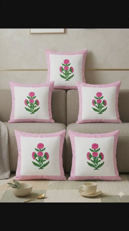 Traditional Pink Hand Block Cotton Cushion Cover