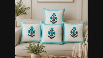 Turquoise Floral Block Print Cotton Home Décor Cushion Cover