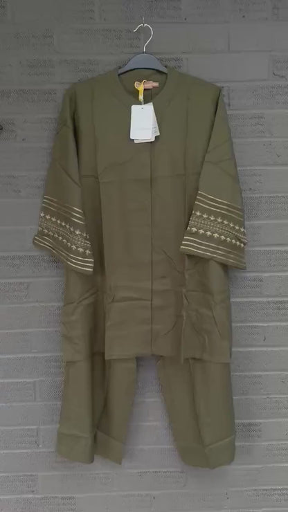 Olive Green Women Co Ord Set Gold Embroidered Tunic