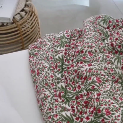 Red And Green Christmas Cotton Hand Block Printed Razai- Winter Kantha Quilt