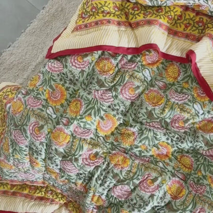 Green, Burnt Orange Handmade Jaipuri Hand Block Cotton Quilt