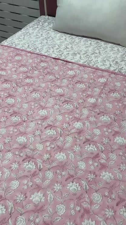 Pink Floral Cotton Reversible Indian Hand Block Dohar