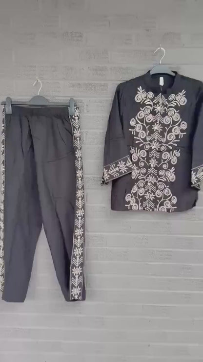 Black Embroidered Co Ord Set Mandarin Collar