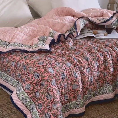 Salmon Pink Reversible Soft Hand Block Printed Razai- Cotton Doonas For Bed