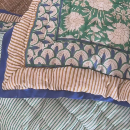 Moss Green Lightweight Cotton Hand Block Reversible Kantha Quilt