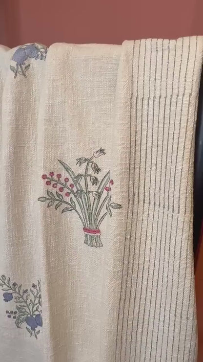 Handblock Print Cotton Sofa Throw Cream Floral - Jaipur Artisan Slub Cotton Blanket/Table Cloth