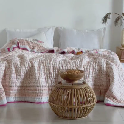 Pastel Pink Indian Jaipuri Traditional Cotton Hand Block Kantha Razai