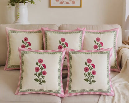 Pink Floral Cotton Cushion Cover - Hand Block Print