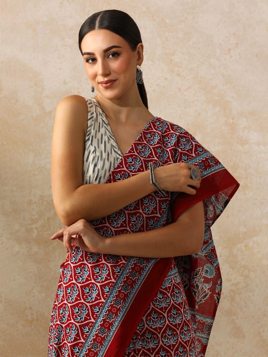 Classic Jaipuri Printed Cotton Mulmul Saree for Women