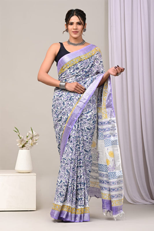 Bagru Hand Block Printed Saree In Linen Cotton With Blouse Piece