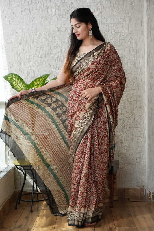 New Designer Hand Block Print Maheshwari Silk Saree