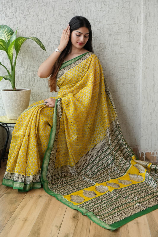 New Designer Hand Block Print Maheshwari Silk Saree