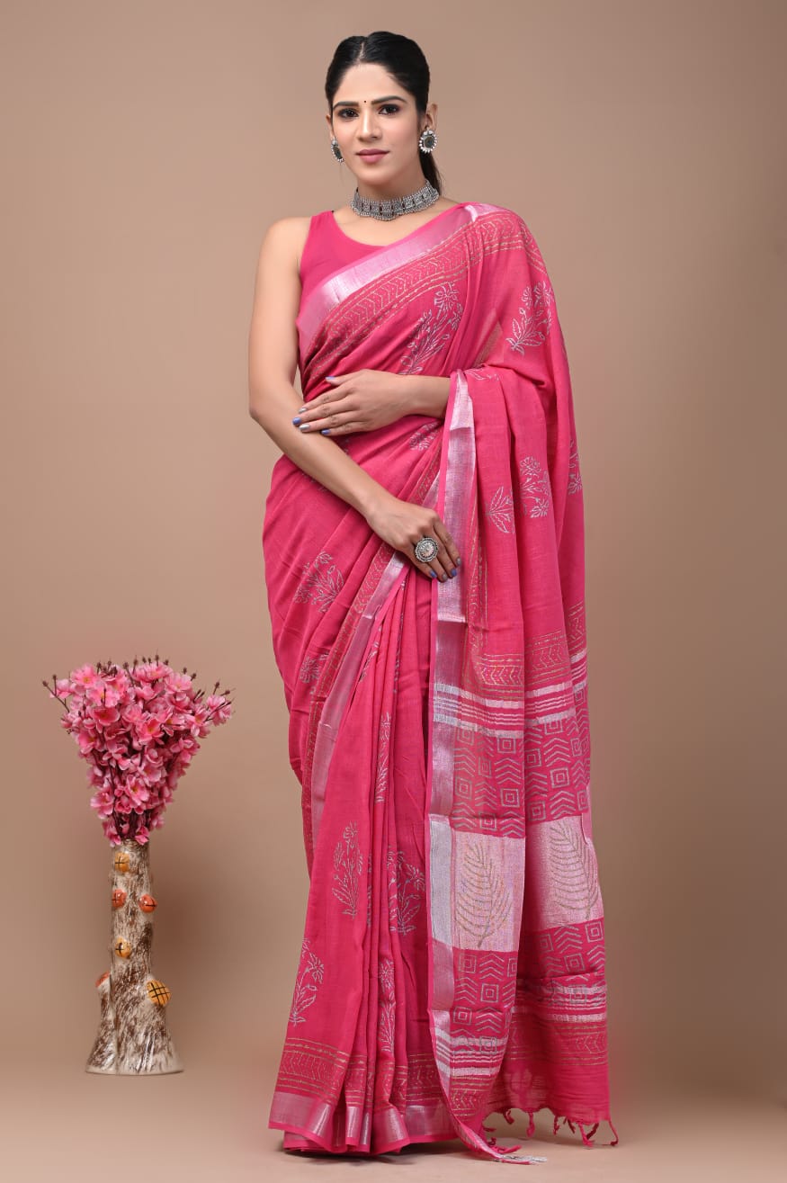 Bagru Hand Block Printed Saree In Linen Cotton With Blouse Piece