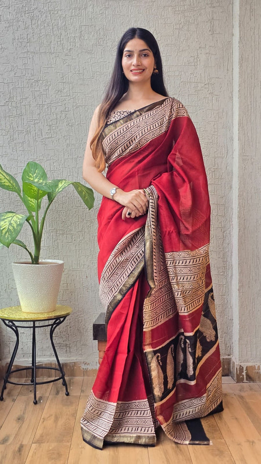 New Designer Hand Block Print Maheshwari Silk Saree