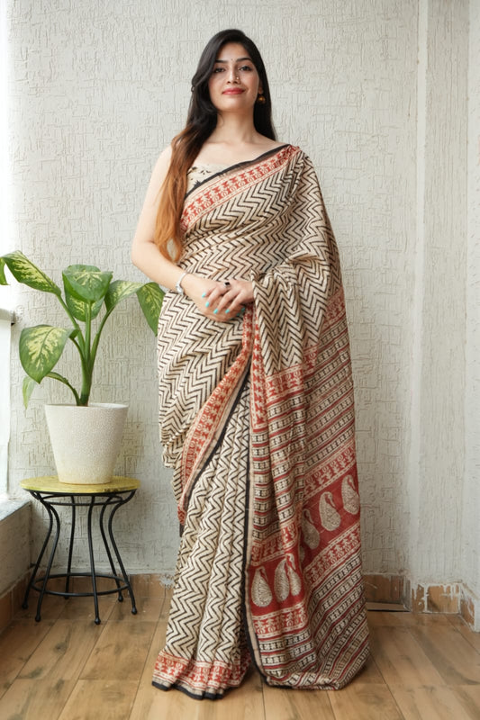 New Designer Hand Block Print Chanderi Silk Saree