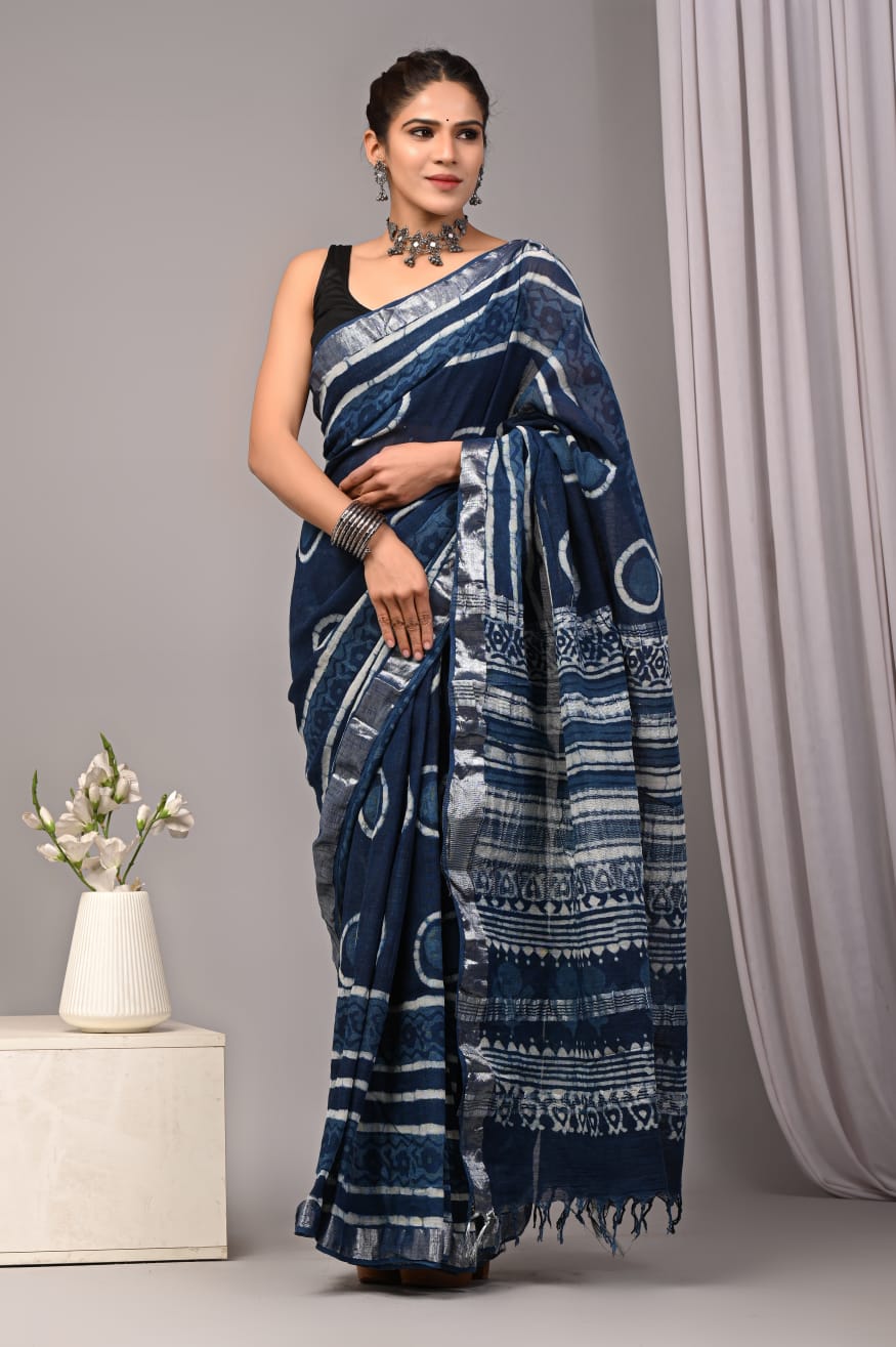 Bagru Hand Block Printed Saree In Linen Cotton With Blouse Piece
