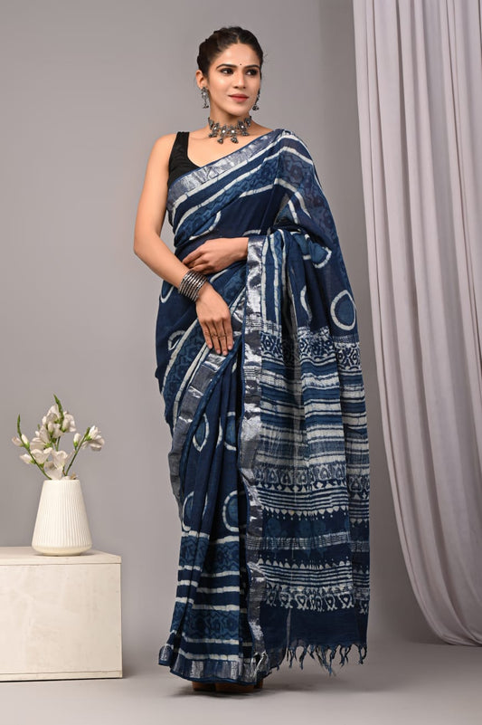 Bagru Hand Block Printed Saree In Linen Cotton With Blouse Piece
