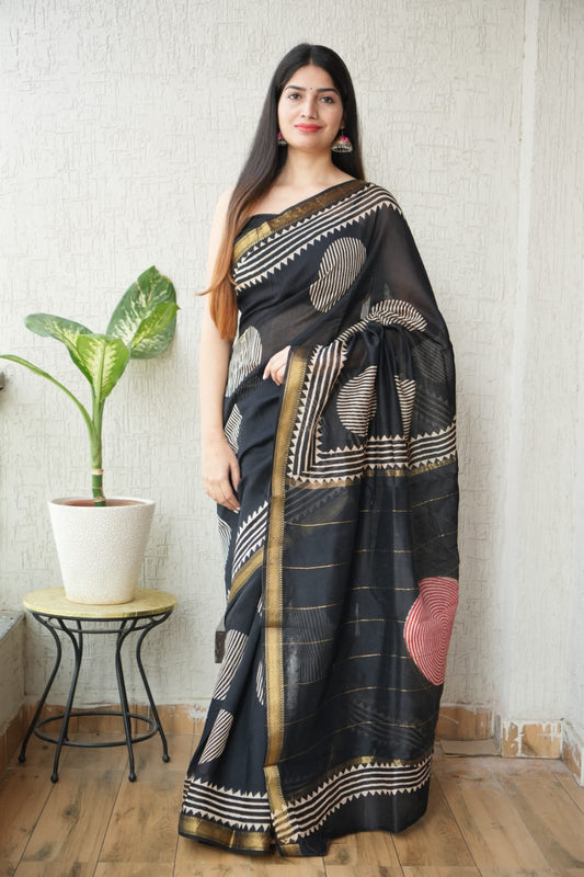 New Designer Hand Block Print Maheshwari Silk Saree