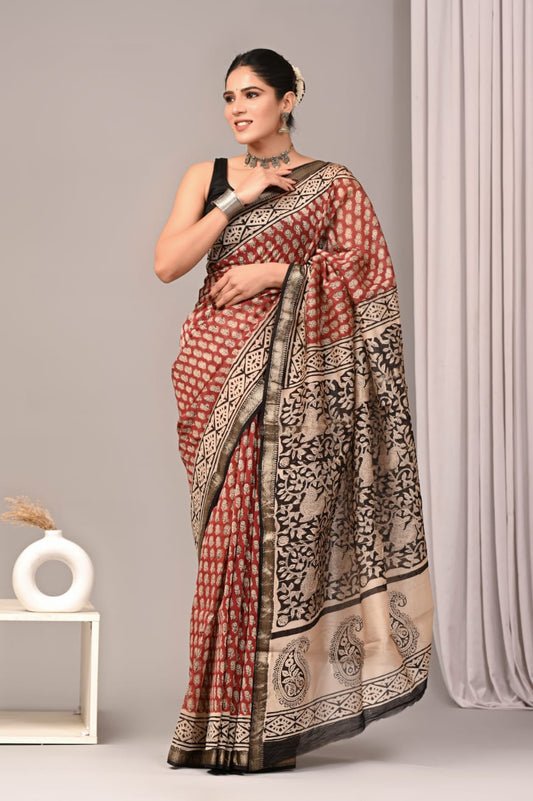 New Designer Hand Block Print Maheshwari Silk Saree