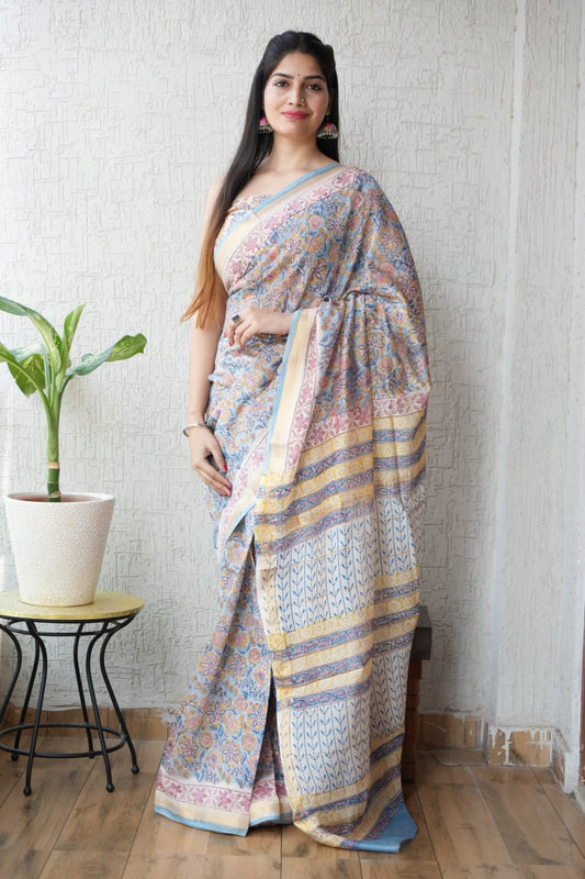New Designer Hand Block Print Maheshwari Silk Saree