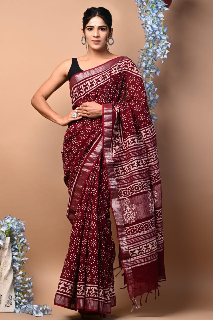 Bagru Hand Block Printed Saree In Linen Cotton With Blouse Piece