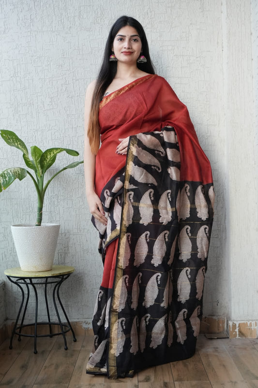 New Designer Hand Block Print Maheshwari Silk Saree