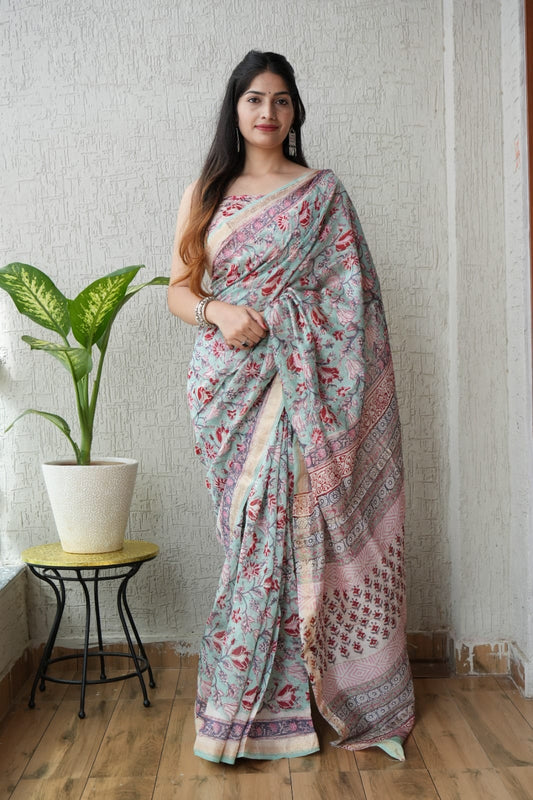 New Designer Hand Block Print Maheshwari Silk Saree