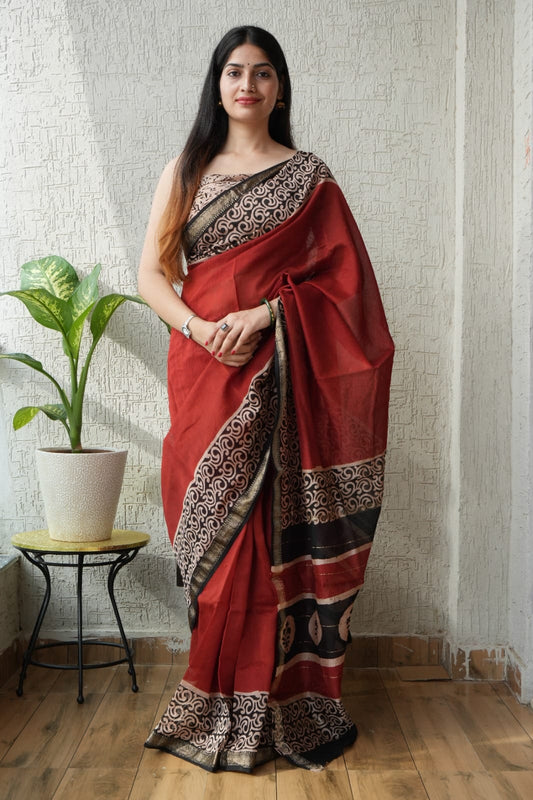 New Designer Hand Block Print Maheshwari Silk Saree